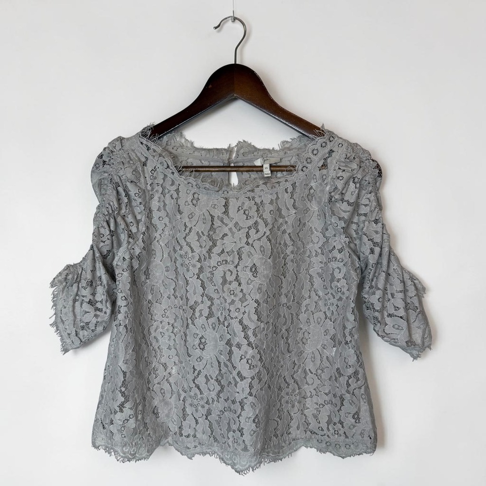 Joie Fanny Lace Puff Sleeve Top Boho Cottagecore Retro Blouse Dove Gray size XS